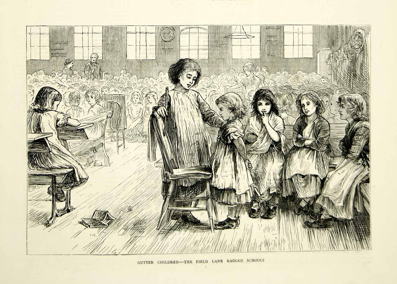 1871 Wood Engraving Art Victorian London England Gutter Children Orphans YTG2