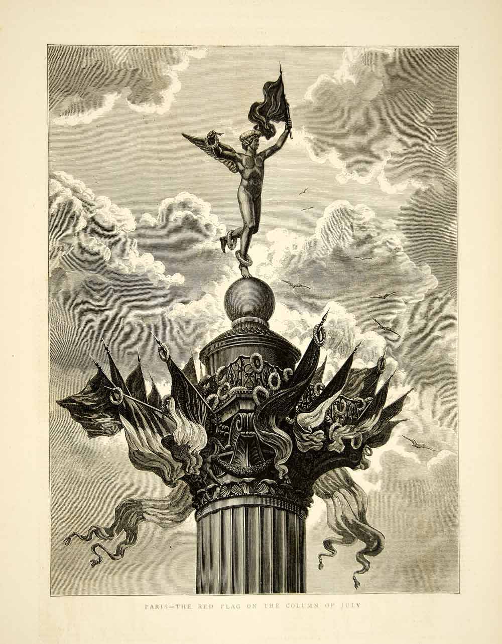 1871 Wood Engraving July Column Paris France Corinthian Capital Mercury YTG2