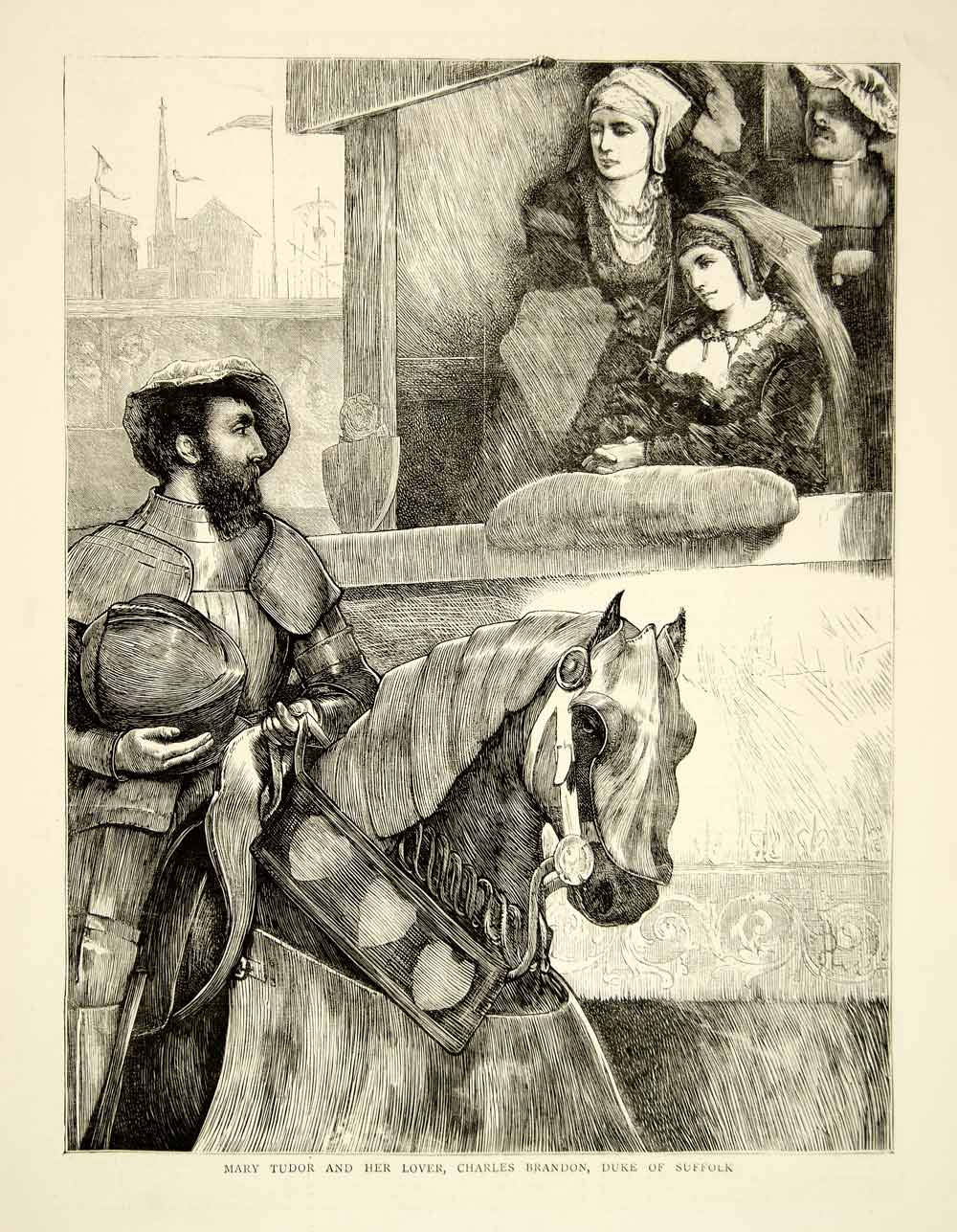1871 Wood Engraving Art Mary Tudor Queen France Charles Brandon Duke YTG2
