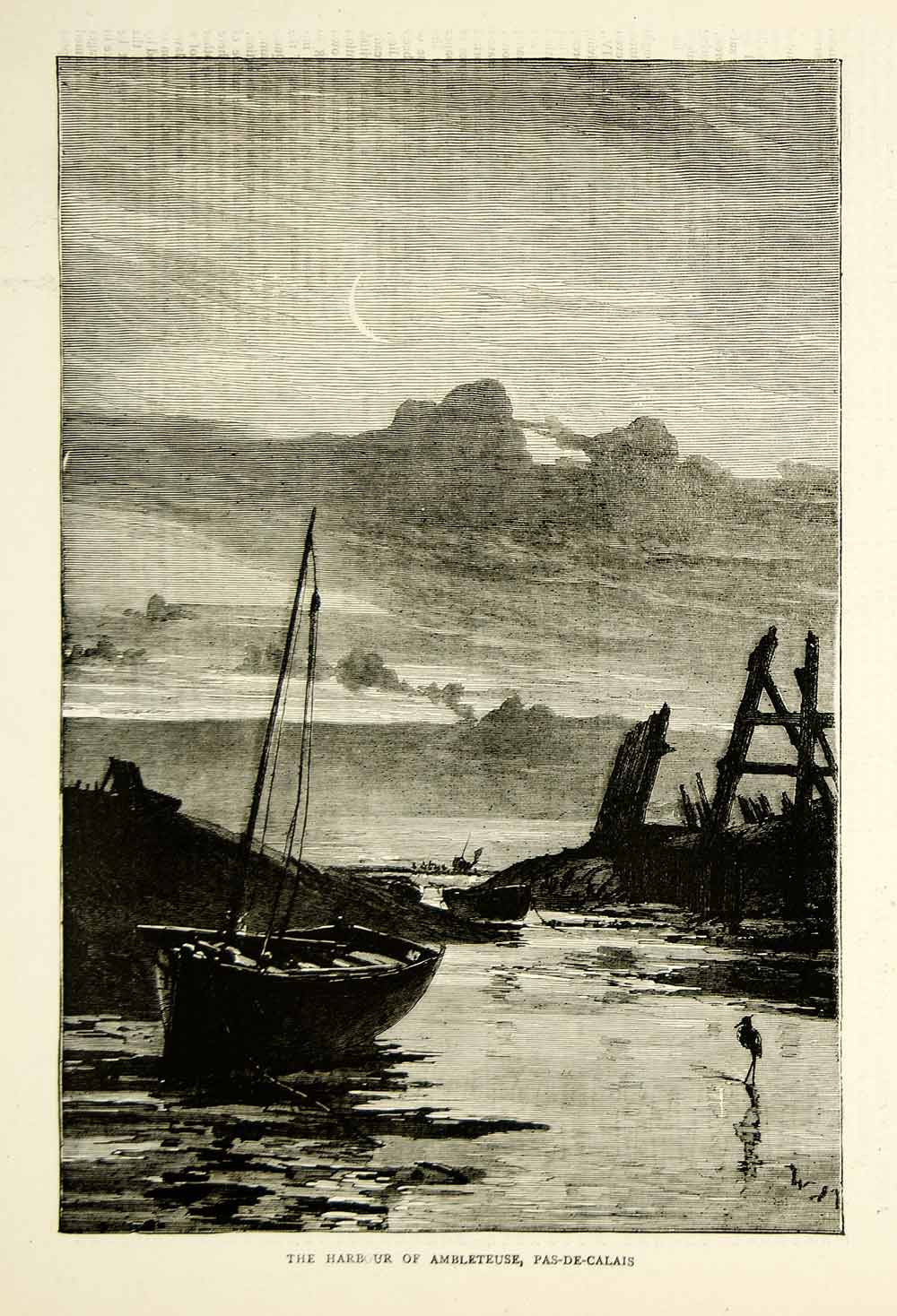 1871 Wood Engraving Art Harbor Ambleteuse Pas-De-Calais France Sailing Ship YTG2 - Period Paper
