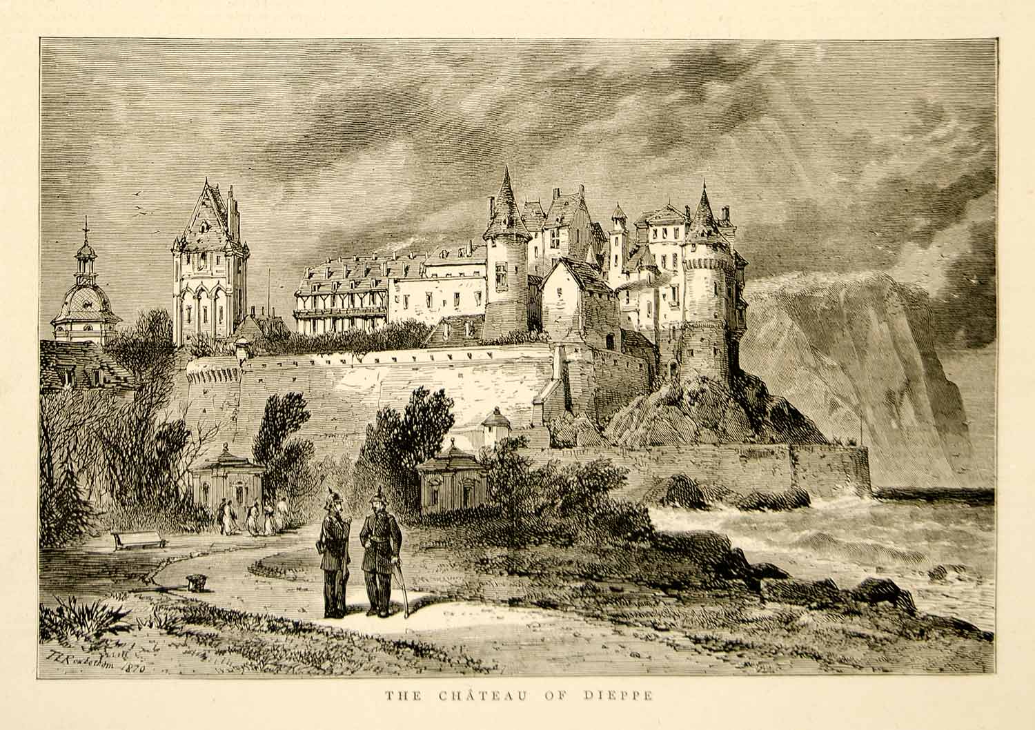 1871 Wood Engraving Art Chateau De Dieppe Castle Seine-Maritime France YTG2