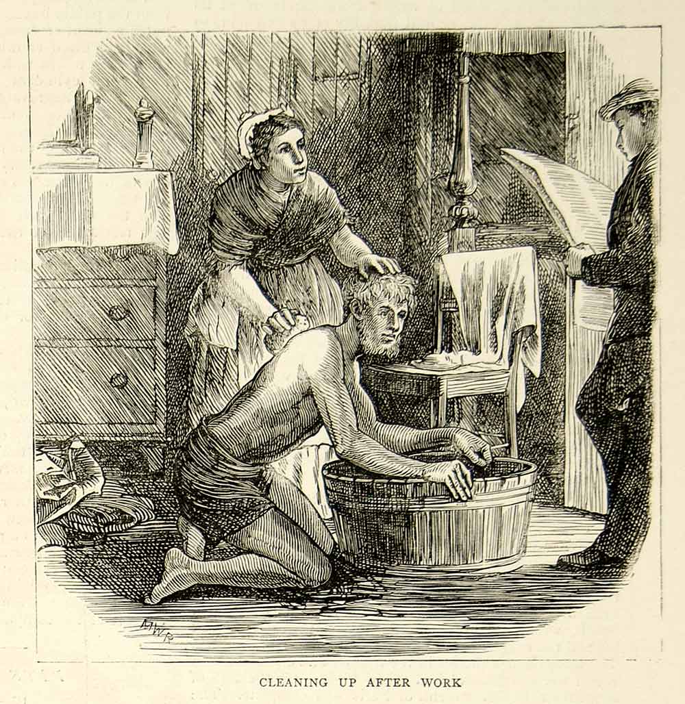 1871 Wood Engraving Coal Miner Pitman England Washtub Bath Domestic Life YTG2