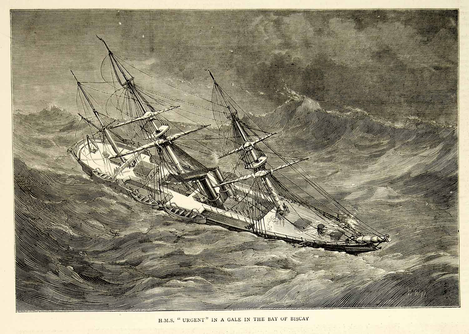 1871 Wood Engraving HMS Urgent British Royal Navy Iron Screw Troopship YTG2
