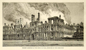 1871 Wood Engraving Art Hotel De Ville Ruin Paris Commune France YTG2