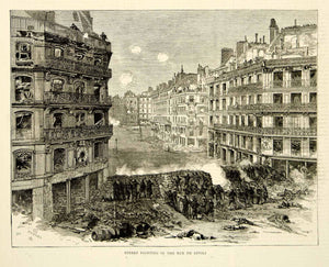 1871 Wood Engraving Art Paris Commune Street Fighting Rue De Rivoli France YTG2