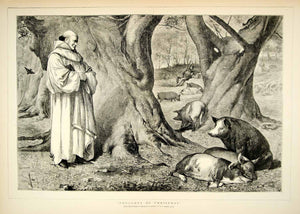 1871 Wood Engraving Art HS Marks Catholic Priest Pigs Forest Thoughts YTG2 - Period Paper
