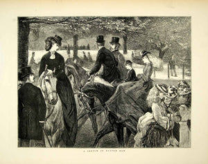 1872 Wood Engraving Art Rotten Row Hyde Park London England Equestrian YTG3