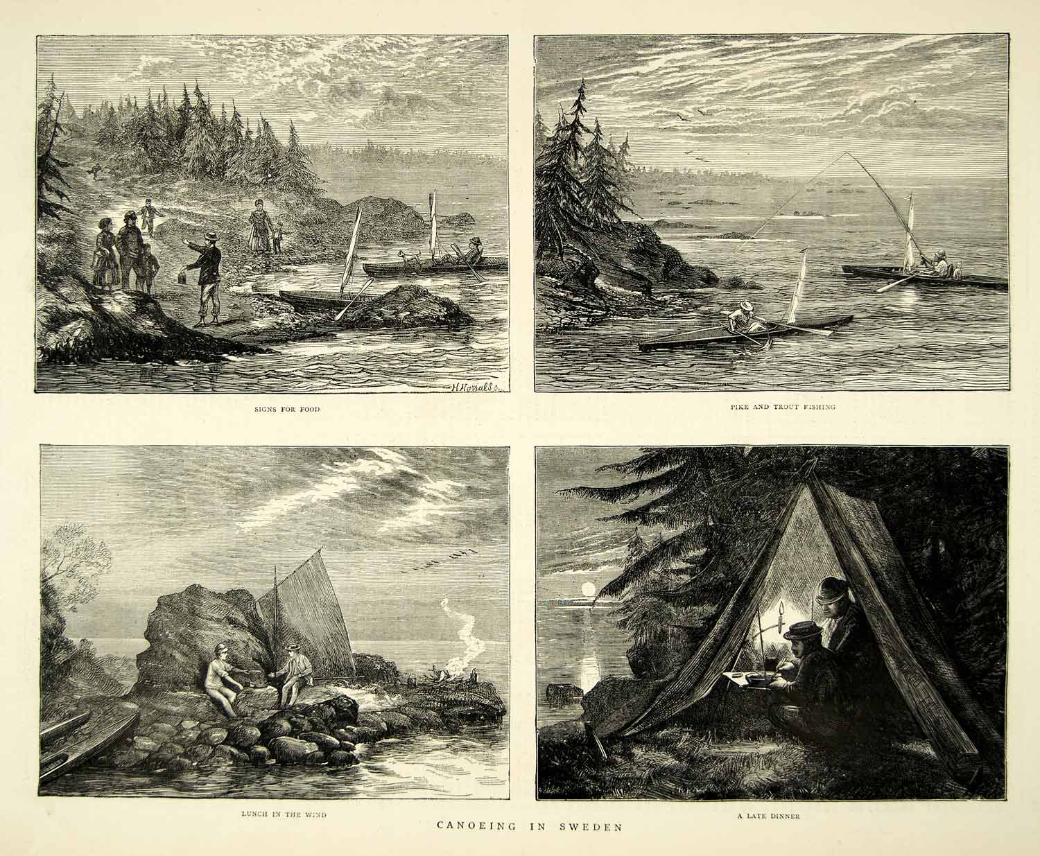 1872 Wood Engraving Art Canoeing Sweden Scandinavia Camping Sportsman YTG3