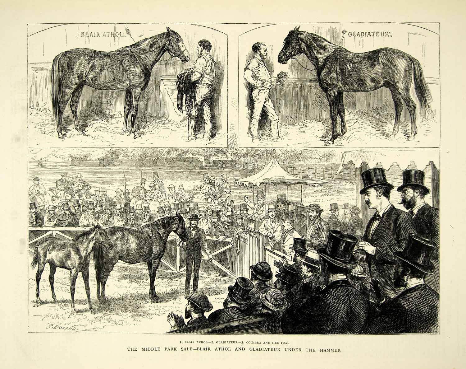 1872 Wood Engraving G Durand Art Middle Park Horse Auction Greenwich London YTG3