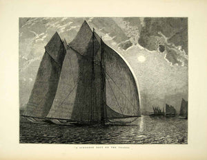 1872 Wood Engraving Art Schooner Yacht Race Thames River England Victorian YTG3