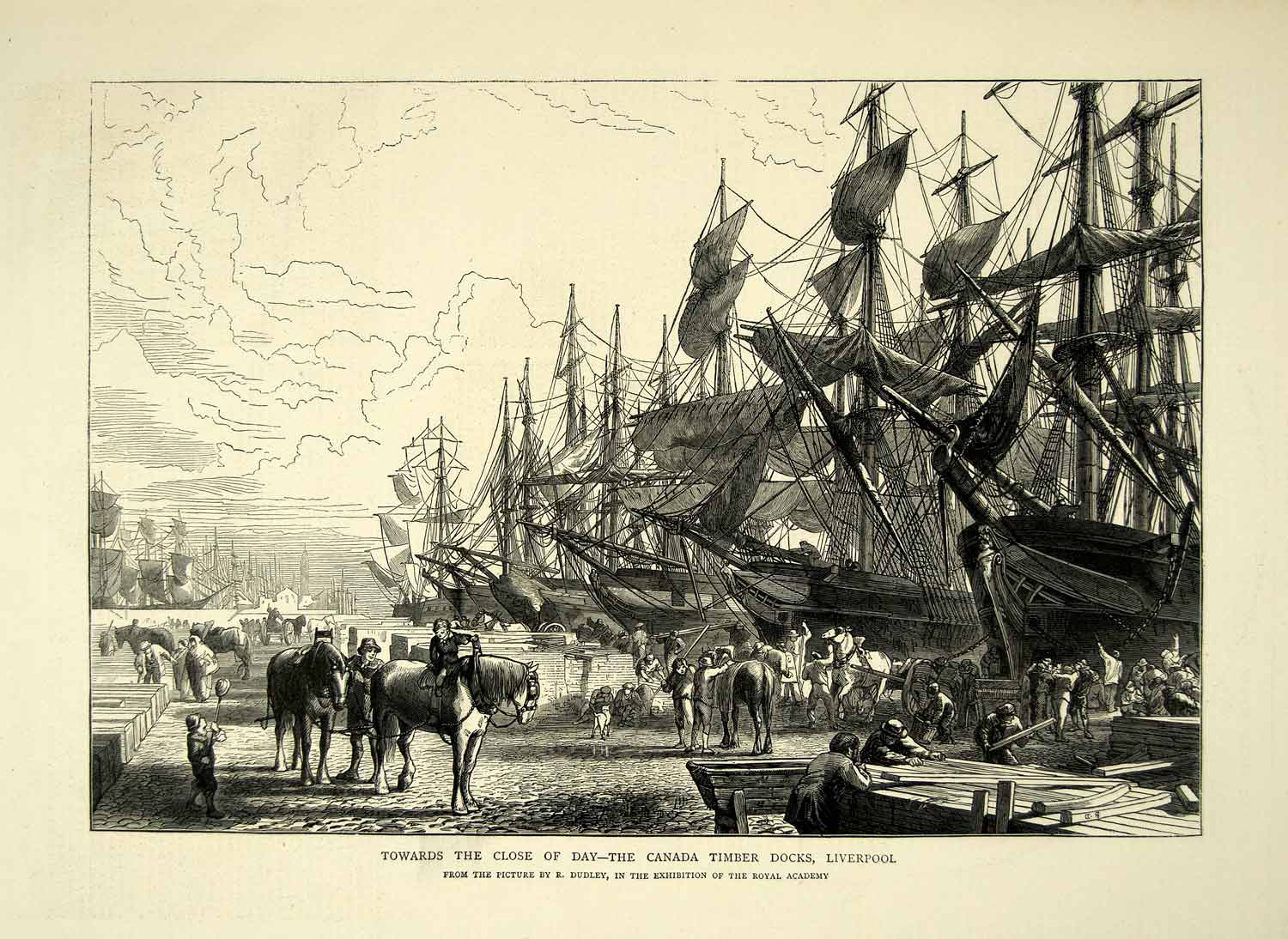 1872 Wood Engraving Art Canada Timber Docks Liverpool Merseyside England YTG3