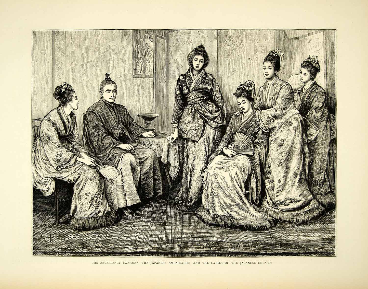 1872 Wood Engraving Art Iwakura Tomomi Japanese Diplomat Meiji Period YTG3