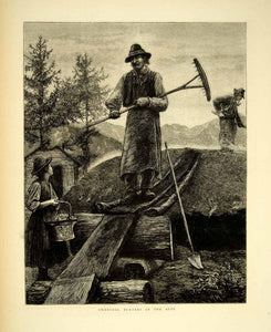 1872 Wood Engraving Art Charcoal Burner Colliers Alps Mountain Portrait YTG3