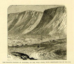 1872 Wood Engraving Art Isafjordur Trading Station Iceland Glacier Bay YTG3