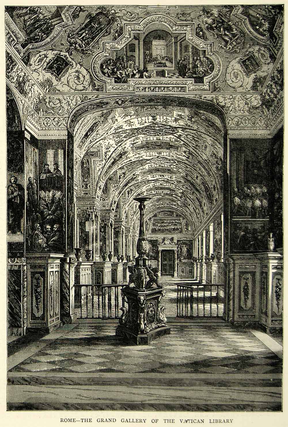 1872 Wood Engraving Art Grand Gallery Vatican Library Rome Italy YTG3