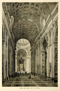1872 Wood Engraving Art St Peters Basilica Vatican City Renaissance YTG3