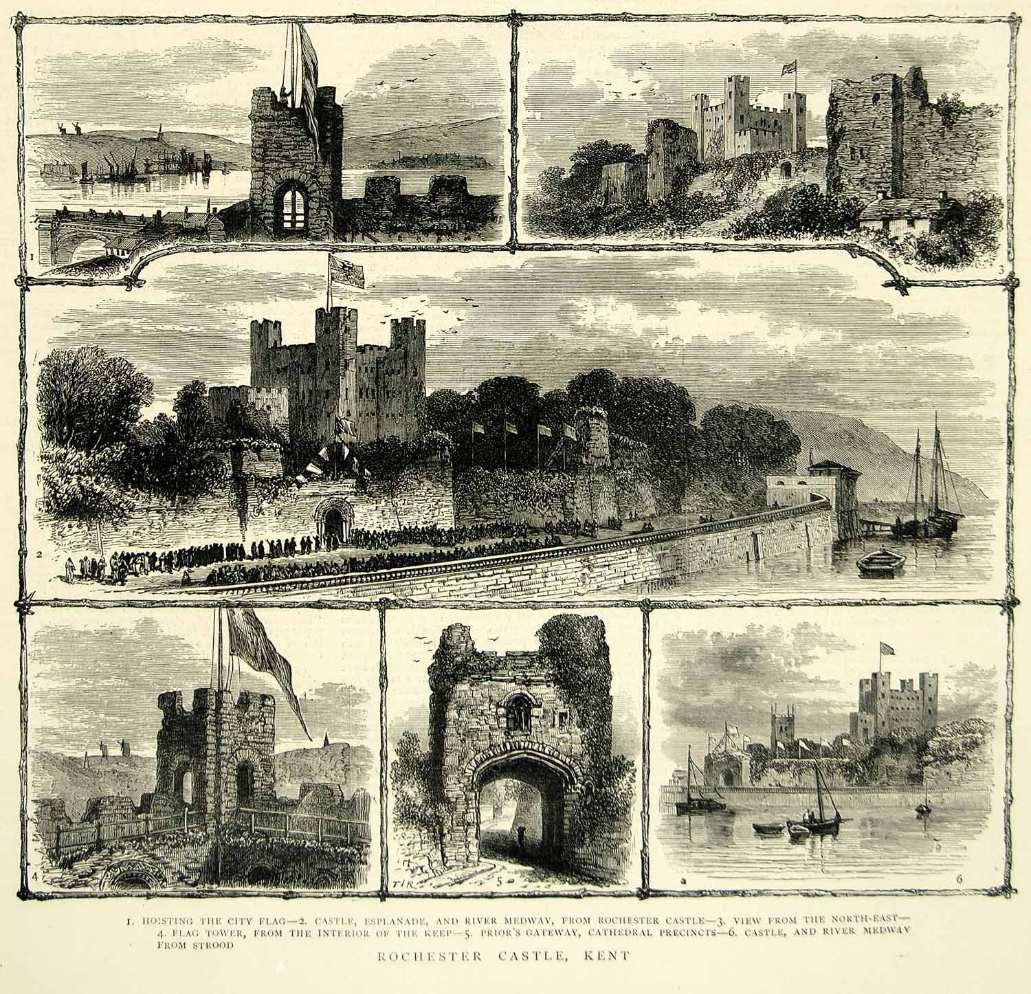 1872 Wood Engraving Art Rochester Castle Kent England River Medway Fortress YTG3