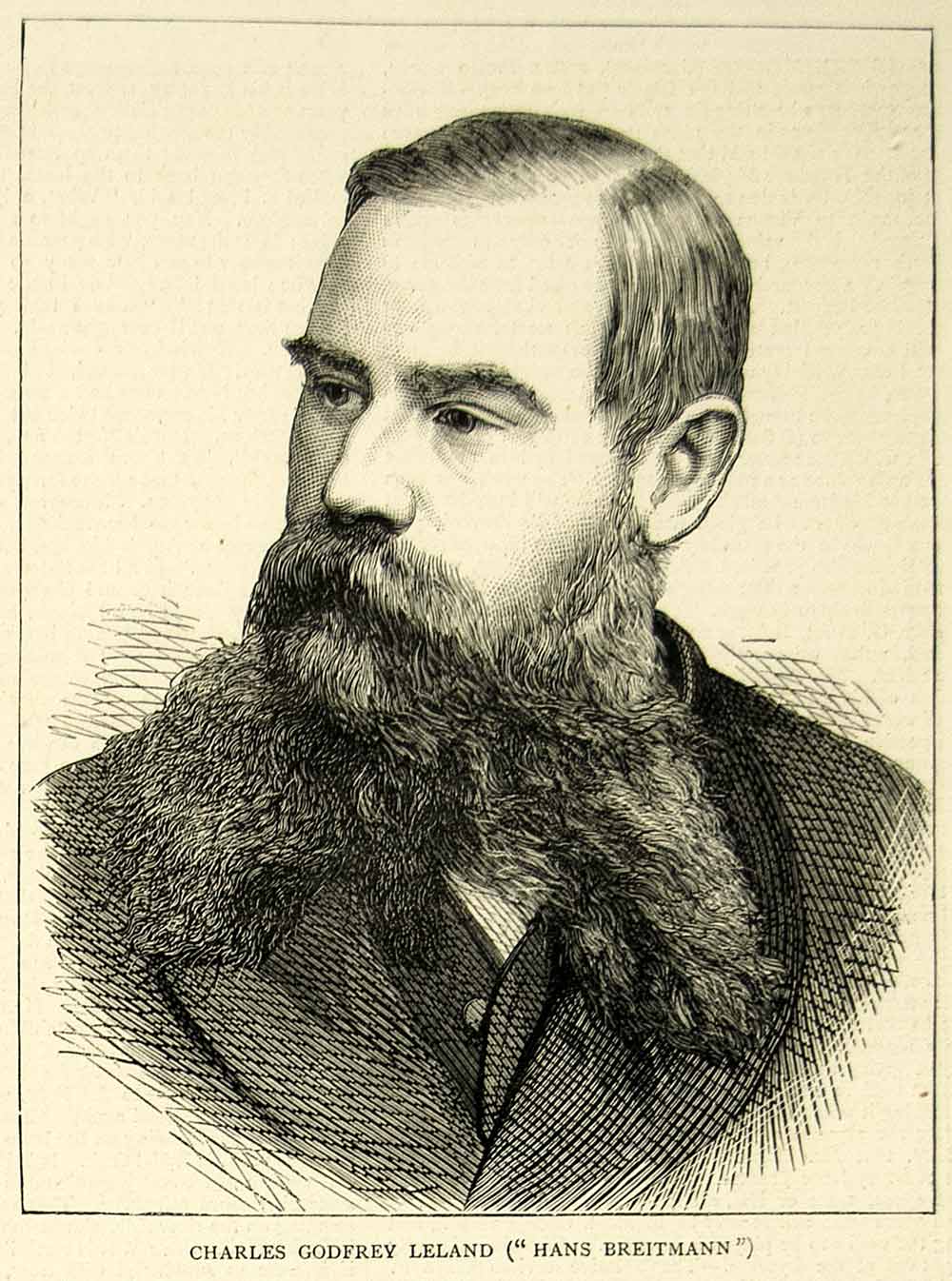 1872 Wood Engraving Art Charles Godfrey Leland Portrait Hans Breitmann YTG3