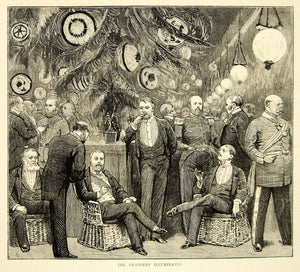 1872 Wood Engraving Art Orangery Garden Party Victorian England YTG3