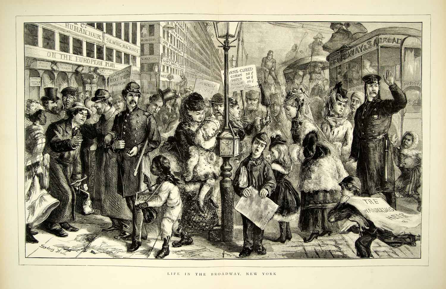 1872 Wood Engraving Sydney Hall Art Broadway New York Cityscape Victorian YTG3