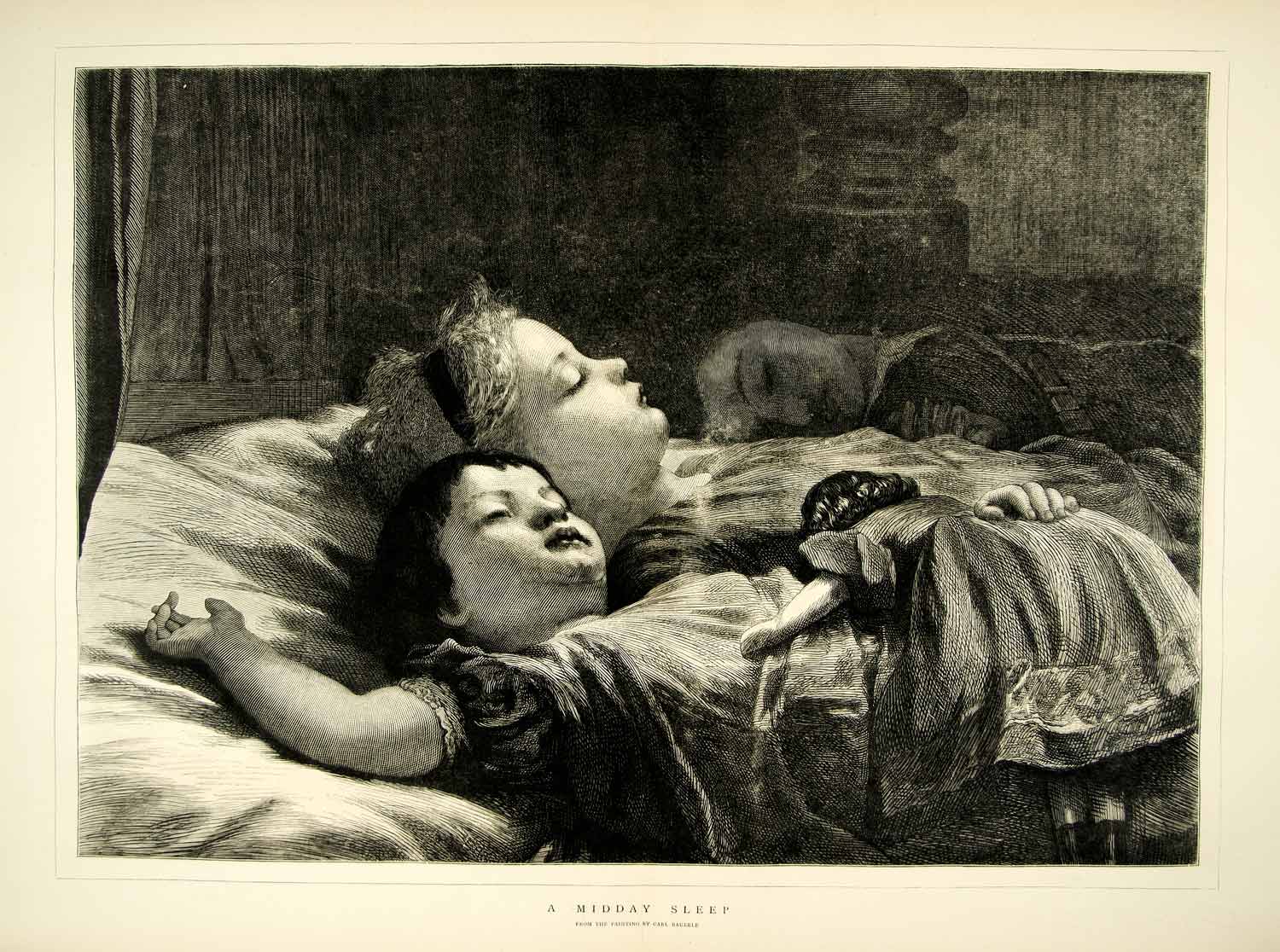 1872 Wood Engraving Carl Wilhelm Bauerle Art Midday Sleep Children Nap YTG3