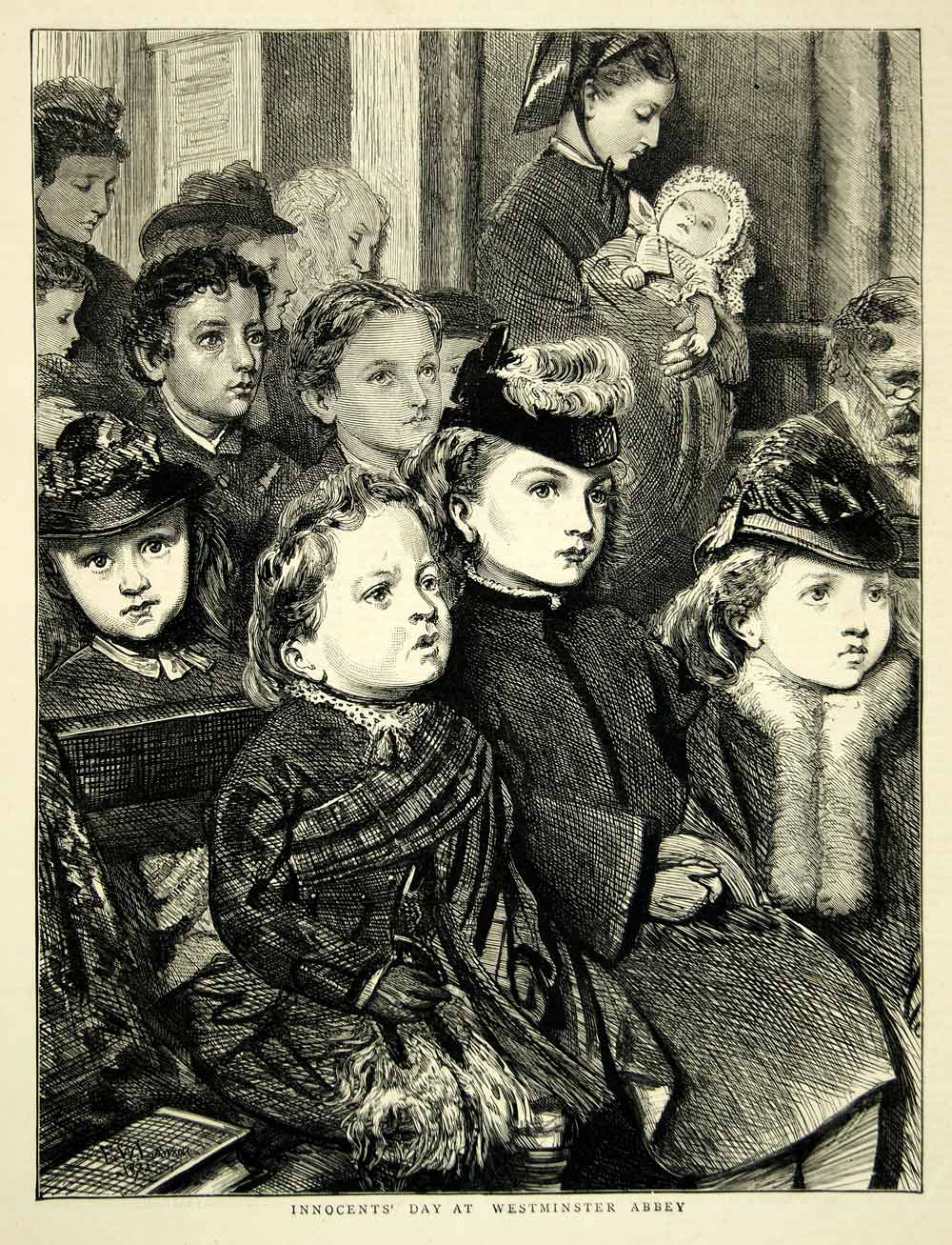 1872 Wood Engraving FW Lawson Art Innocents Day Westminster Abbey UK YTG4