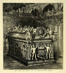 1872 Wood Engraving HW Brewer Art Tomb King Henry VII Westminster Abbey YTG4