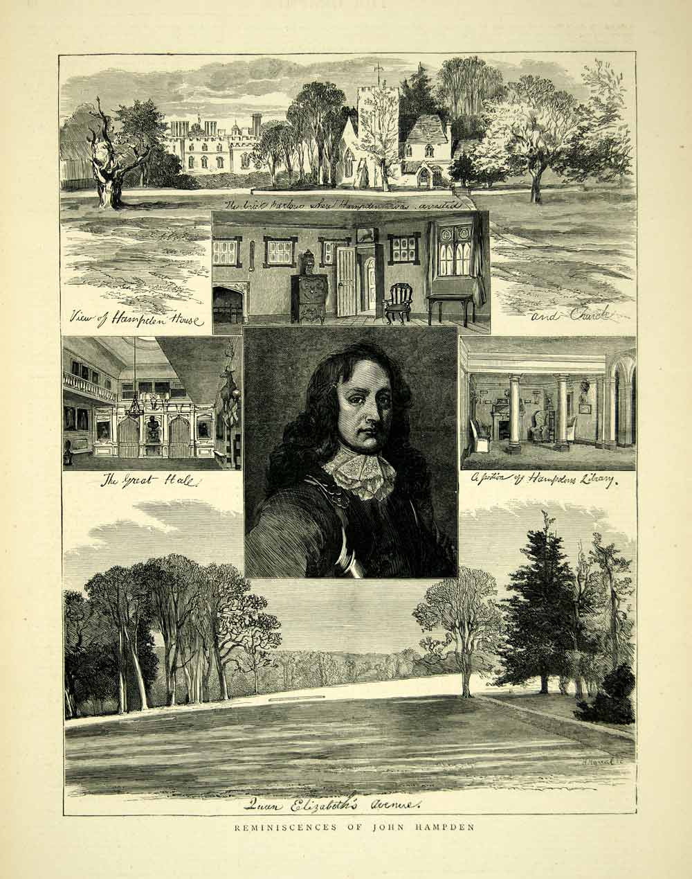 1872 Wood Engraving Art John Hampden House Buckinghamshire England Portrait YTG4