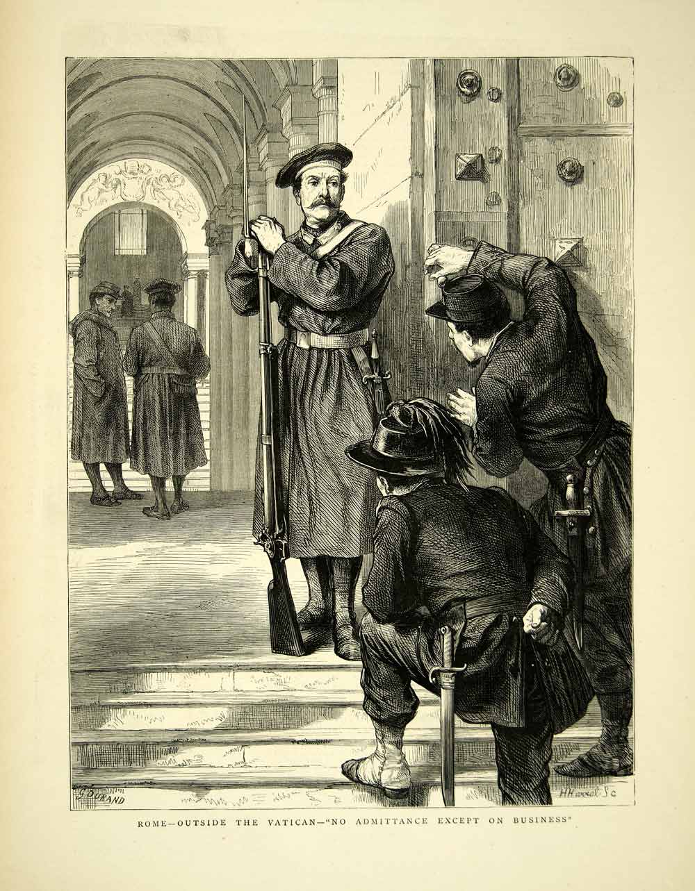 1872 Wood Engraving G Durand Art Pontifical Swiss Guard Vatican City Rome YTG4