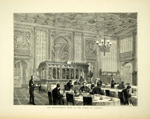 1872 Wood Engraving Art Refreshment Room House Commons Palace Westminster YTG4