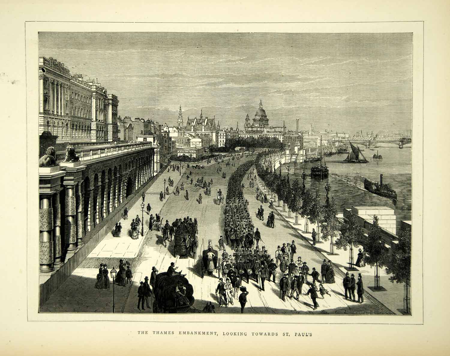 1872 Wood Engraving Art River Thames Embankment London England St Pauls YTG4