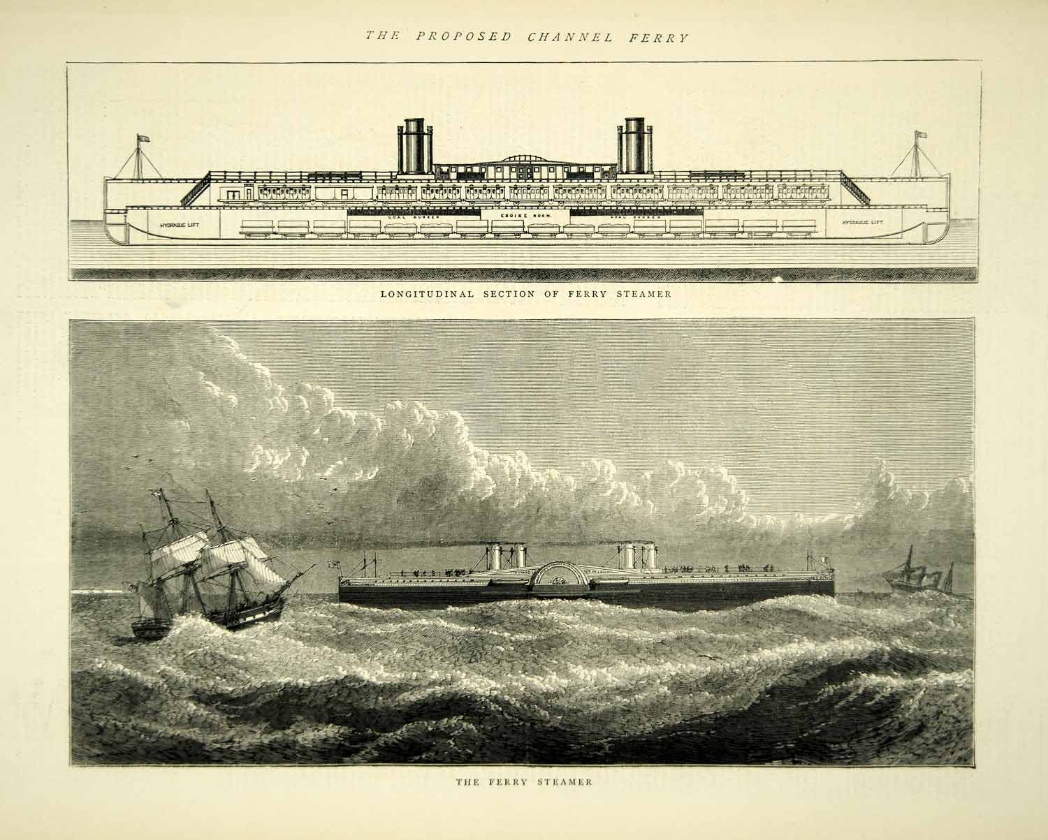 1872 Wood Engraving Art Ferry Steamer Ship Cross Section Schematic England YTG4