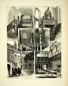 1872 Wood Engraving Art London Charter House Mansion Interior England YTG4