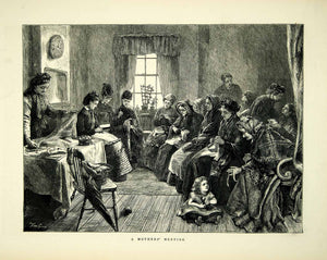 1872 Wood Engraving Tom Gray Art Mothers Meeting Portrait Sewing Victorian YTG4
