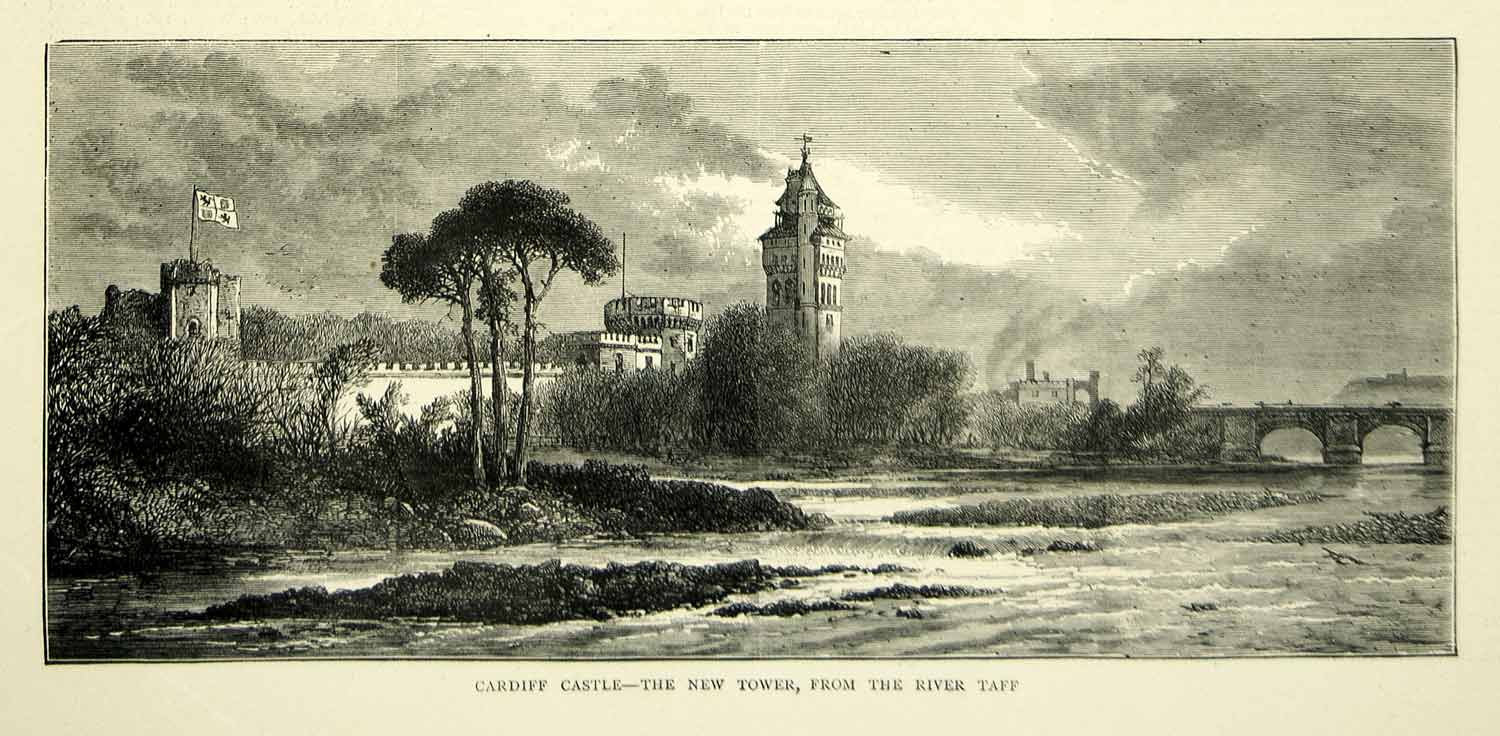 1872 Wood Engraving Art Cardiff Castle Tower River Taff Wales UK Motte YTG4
