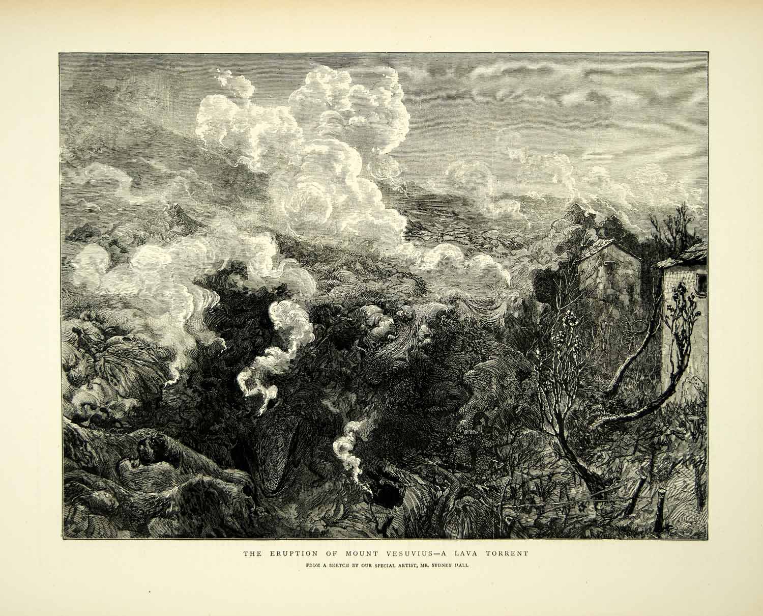 1872 Wood Engraving Sydney Hall Art Eruption Mt Vesuvius Italy Lava Flow YTG4