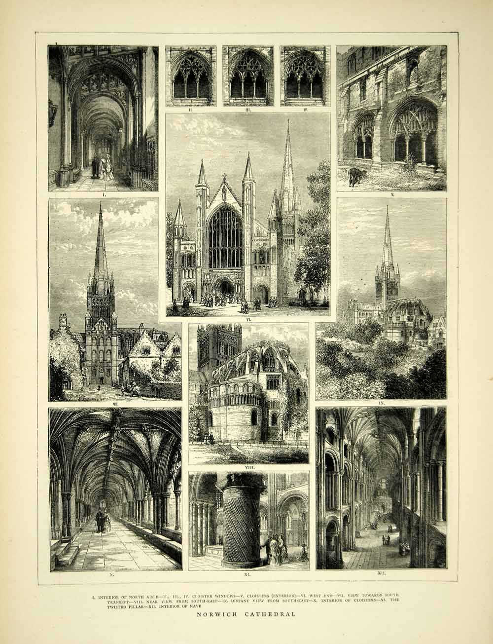 1872 Wood Engraving Art Norwich Cathedral Norfolk England UK Gothic YT