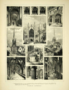 1872 Wood Engraving Art Norwich Cathedral Norfolk England UK Gothic YTG4