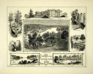 1872 Wood Engraving Art Roundhay Park Waterloo Lake Canal Garden Mansion YTG4
