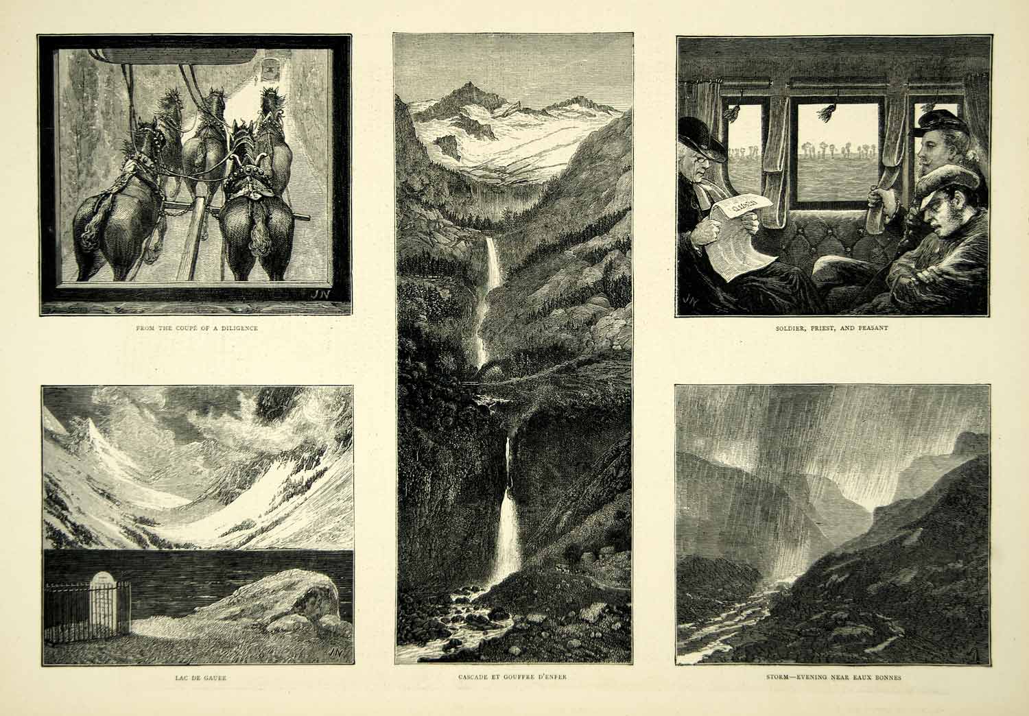 1872 Wood Engraving Art Pyrenees Mountains Europe Gaube Lake Goufree YTG4