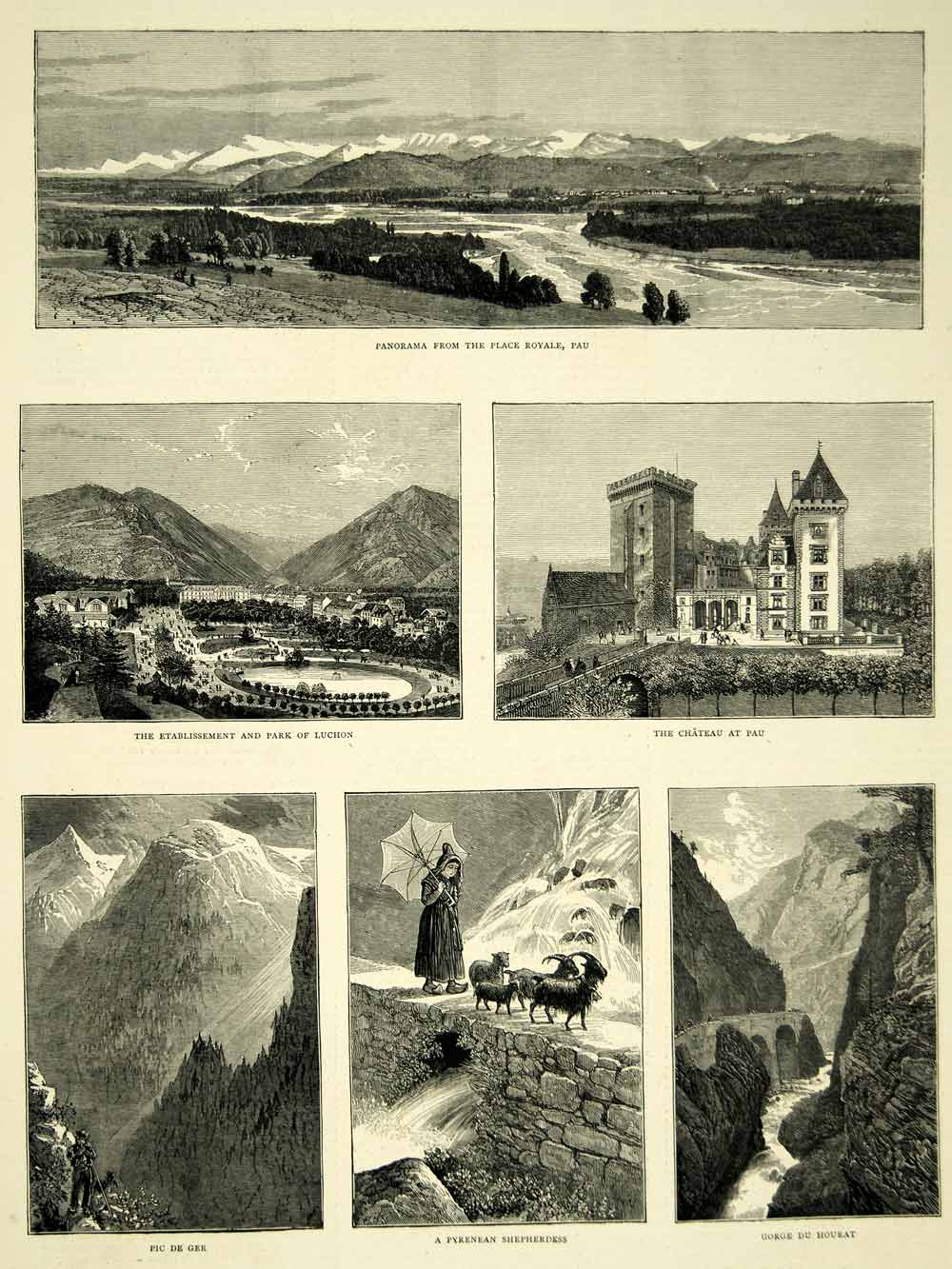 1872 Wood Engraving Art Chateau Pau Aquitaine France Ger Peak Pyrenees YTG4