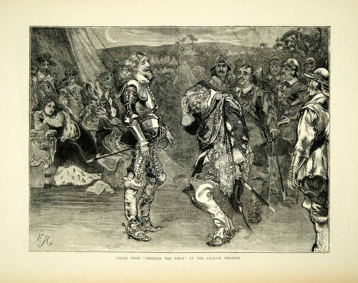 1872 Wood Engraving Art King Charles I Stage Play Lyceum Theatre London YTG4