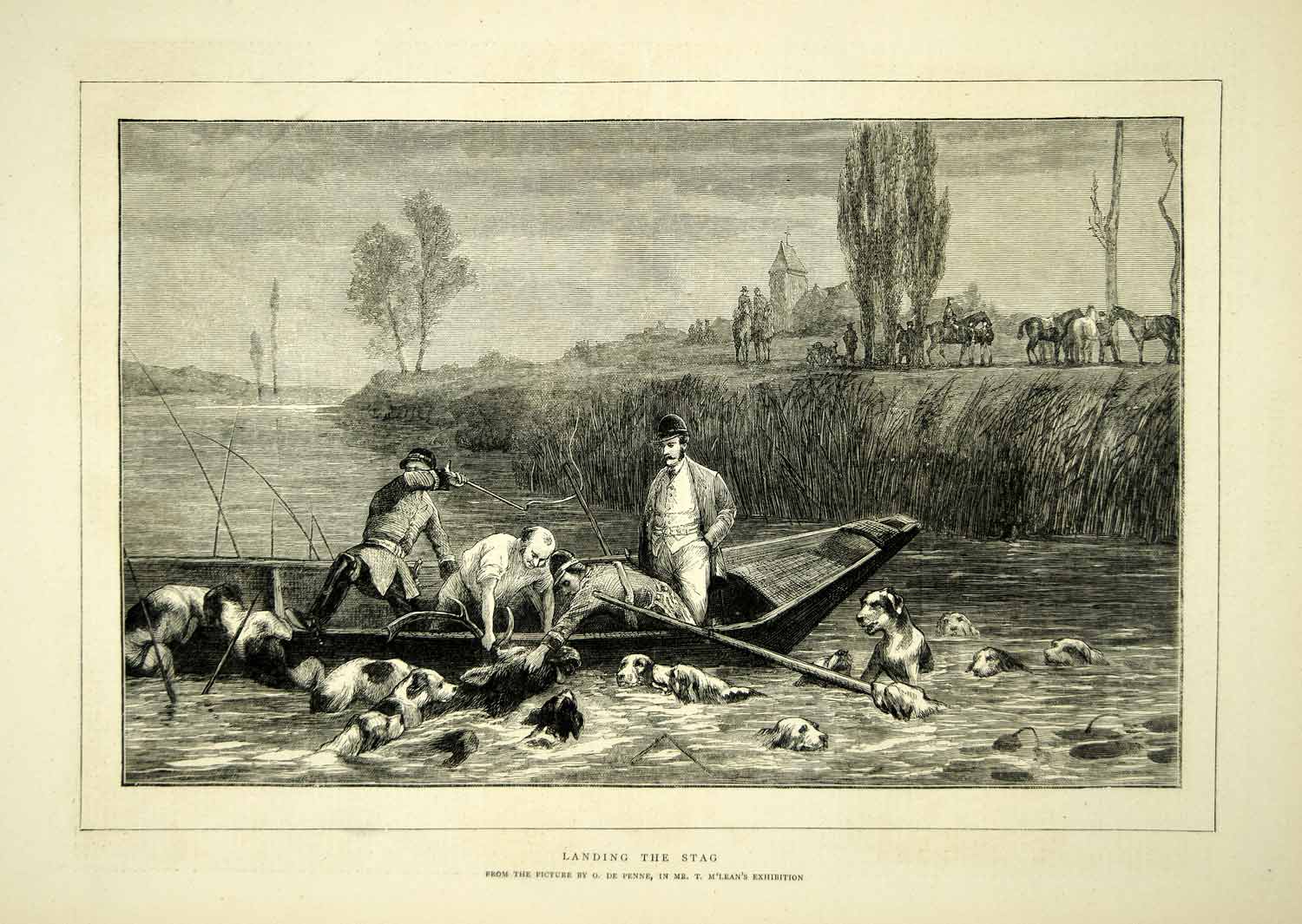 1872 Wood Engraving Charles Oliver De Penne Art Landing Stag Hunting Dogs YTG4