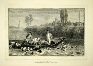 1872 Wood Engraving Charles Oliver De Penne Art Landing Stag Hunting Dogs YTG4