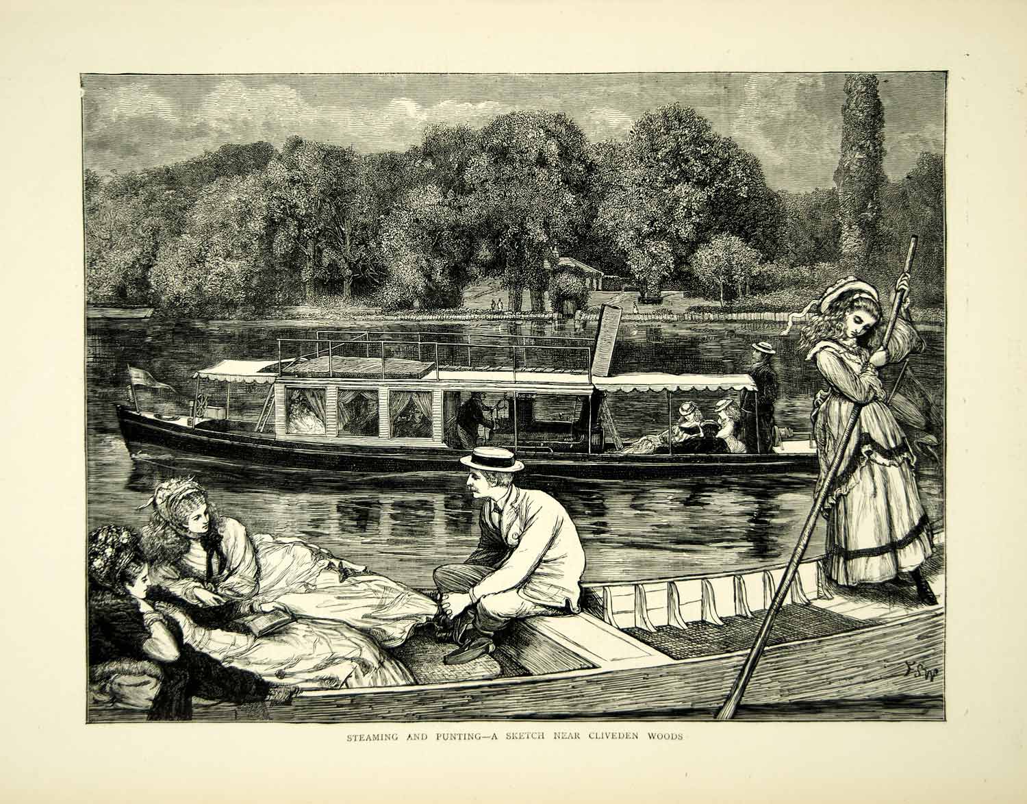 1872 Wood Engraving Art Steamboat Punting Canoe River Thames Cliveden Woods YTG4