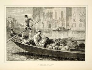1873 Wood Engraving Walter Goodall Art Venetian Fruit Boat Gondola Italy YTG5