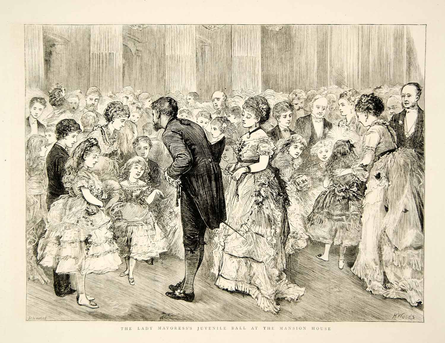 1873 Wood Engraving Henry Woods Art Juvenile Ball Mansion House London YTG5