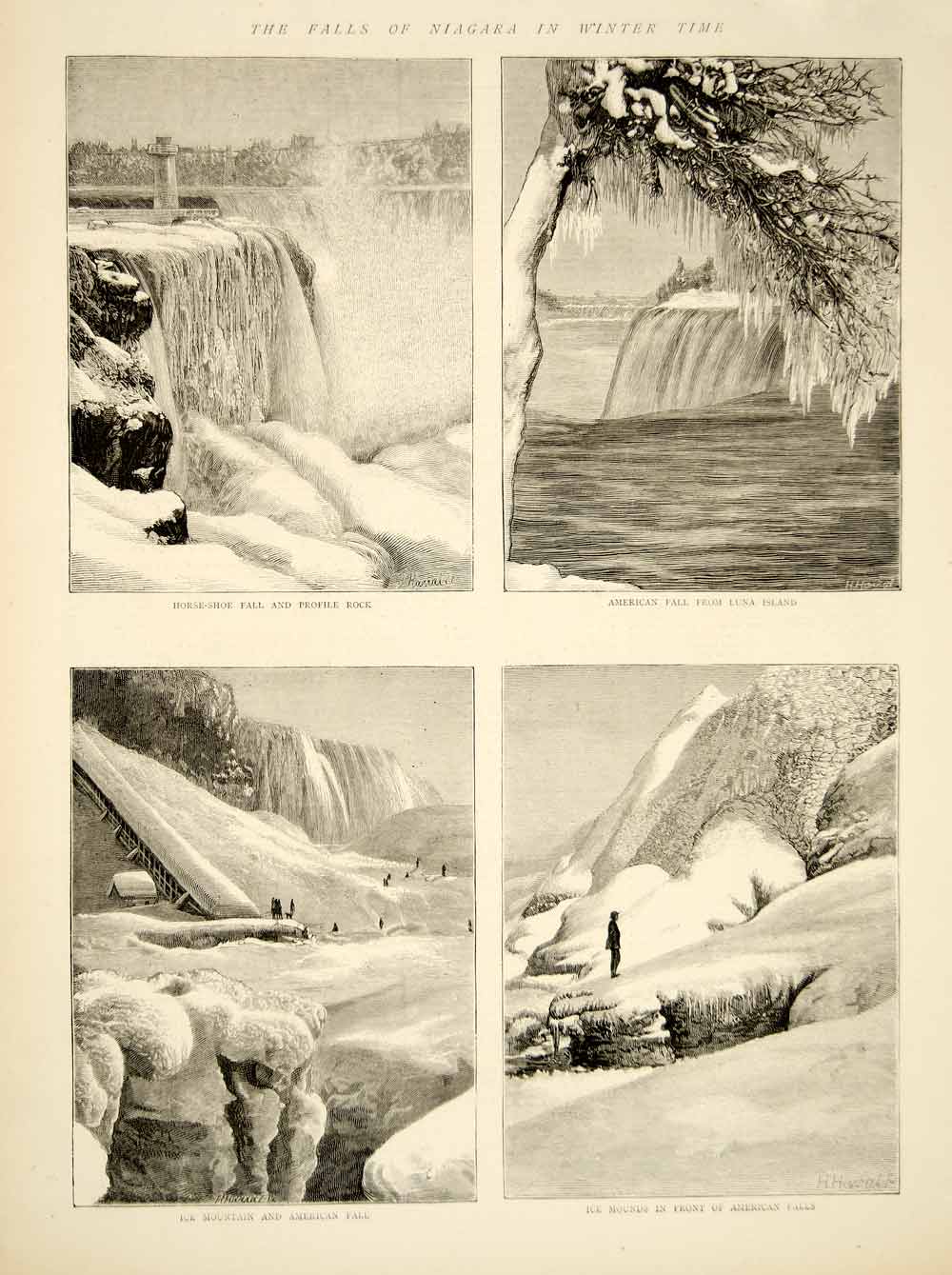 1873 Wood Engraving Art Niagara Falls Horseshoe American Winter NY Ontario YTG5