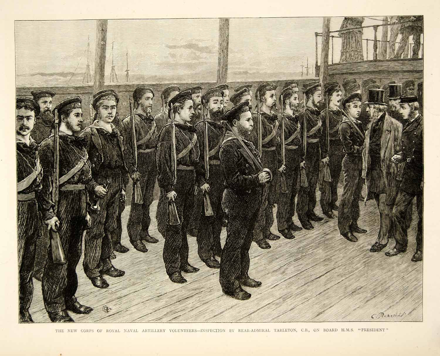 1873 Wood Engraving Art RNAV Royal Navy Artillery Volunteers HMS President YTG5