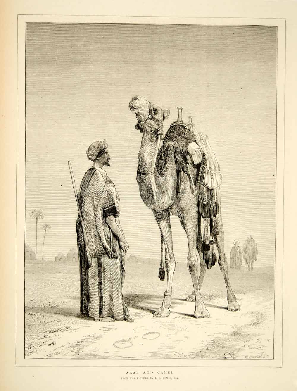 1873 Wood Engraving John Frederick Lewis Art Arab Camel Middle East Animal YTG5